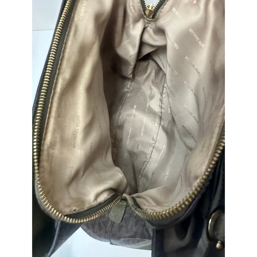 Michael Kors Signature Logo Satchel Brown Olive Green Two Tone Handbag Gold HW